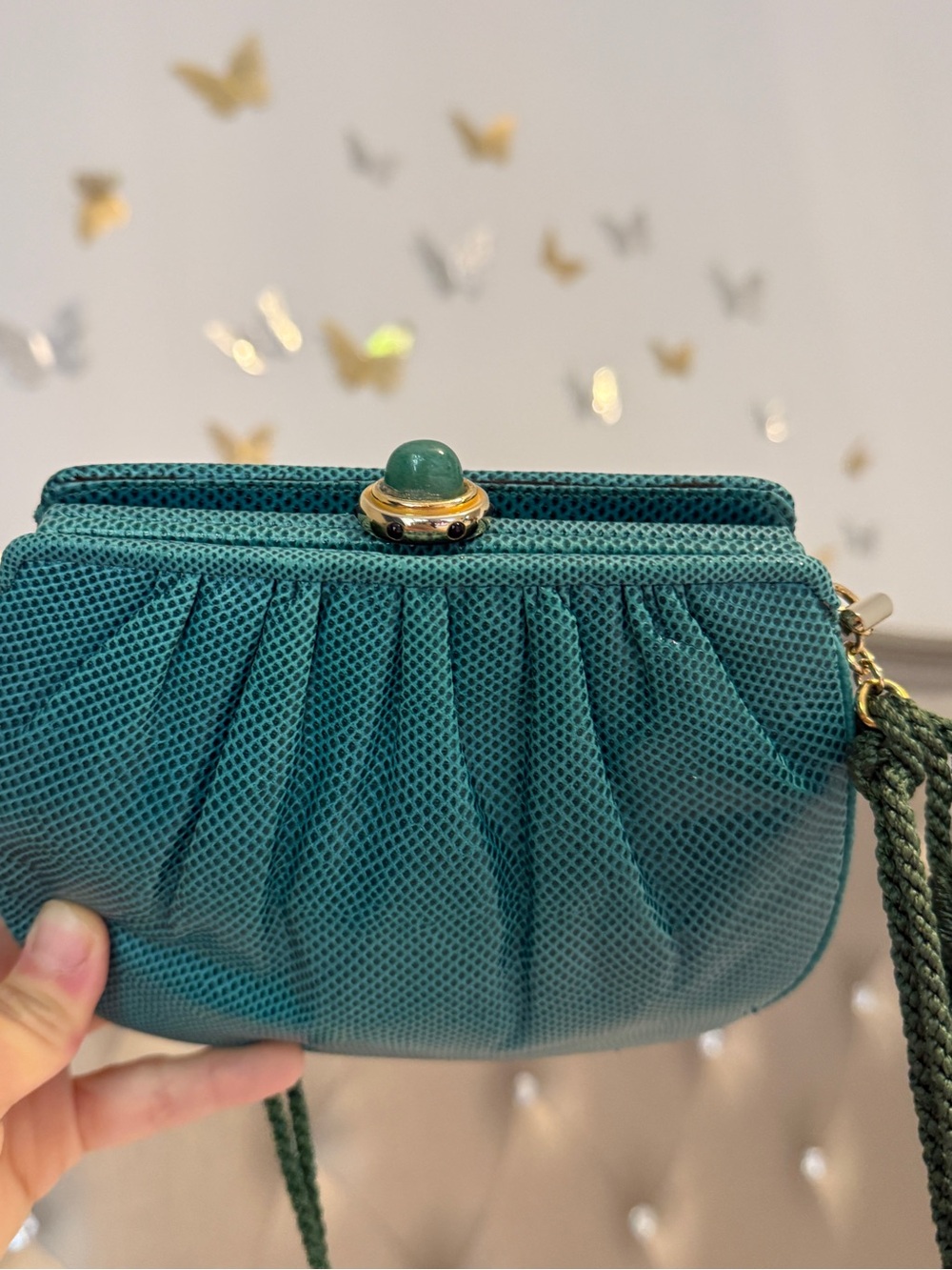 Judith Leiber vintage green Karung cabochon evening bag